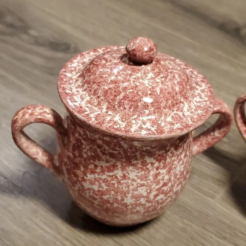 RARE Pink & White Vintage Clay Sugar & Creamer Set